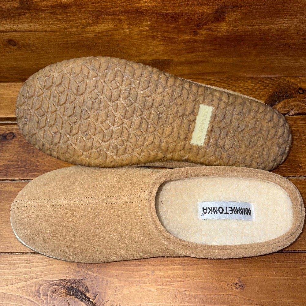 Minnetonka Suede Mule Slippers Mens 12 Tan 41011 Faux Fur Lined Slip On Scuff
